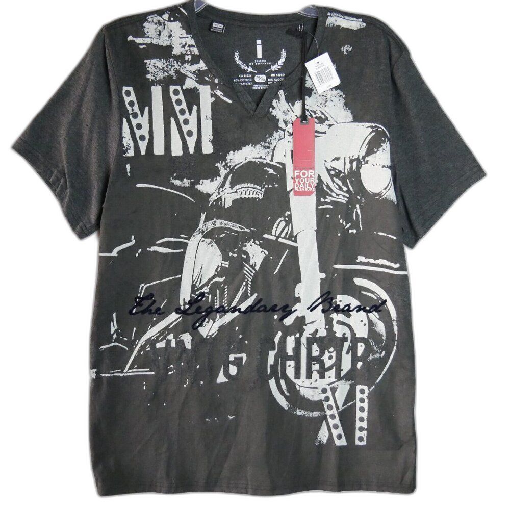 Buffalo Jeans Men's Size M Dark Grayk Heather V-Neck T Shirt Motorcicle Print